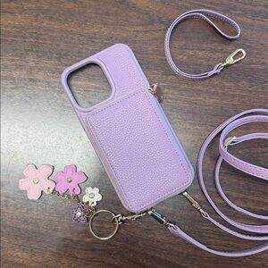 ZVE iPhone 14 Pro Max Lavender Phone Case Wallet with Strap, Wristlet & Charms